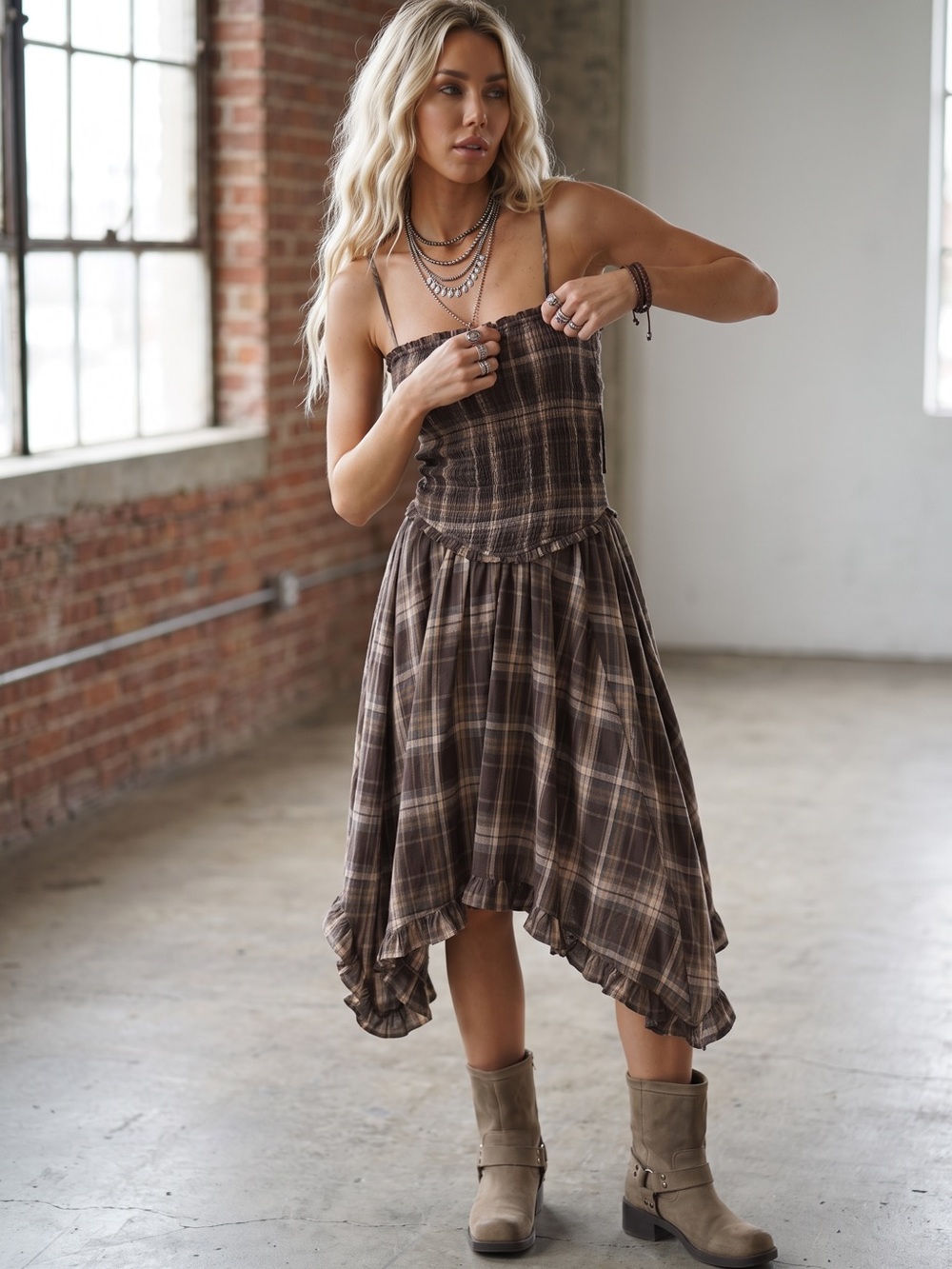 NWT Plaid Asymmetrical Ruffle Hem Smocked Maxi Midi Dress